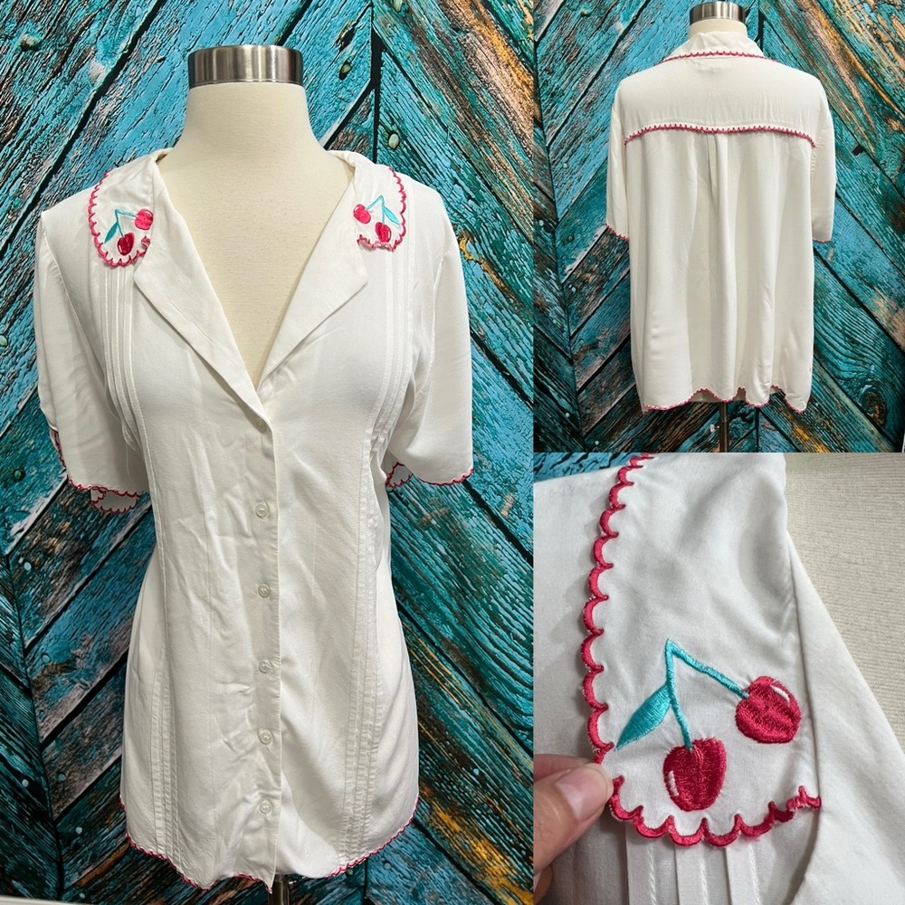 ModCloth Retro 1950s Red Cherry Embroidered Collar Button Down Shirt Blouse - Picture 1 of 10